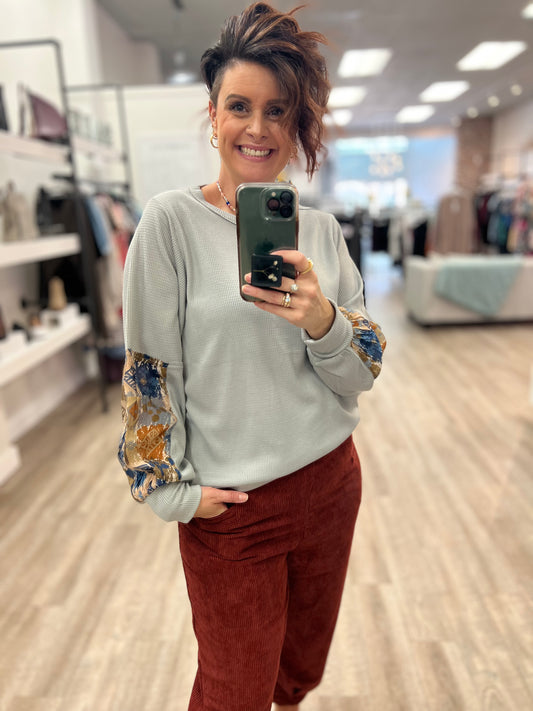 Mixed Print Sleeves Thermal Top in Grey