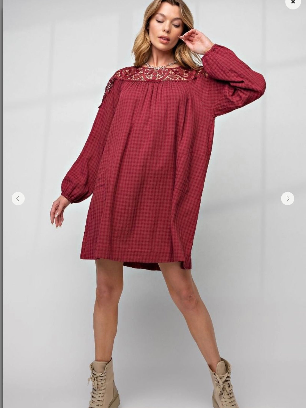 Gingham Printed Loose Fit Dress in Wine