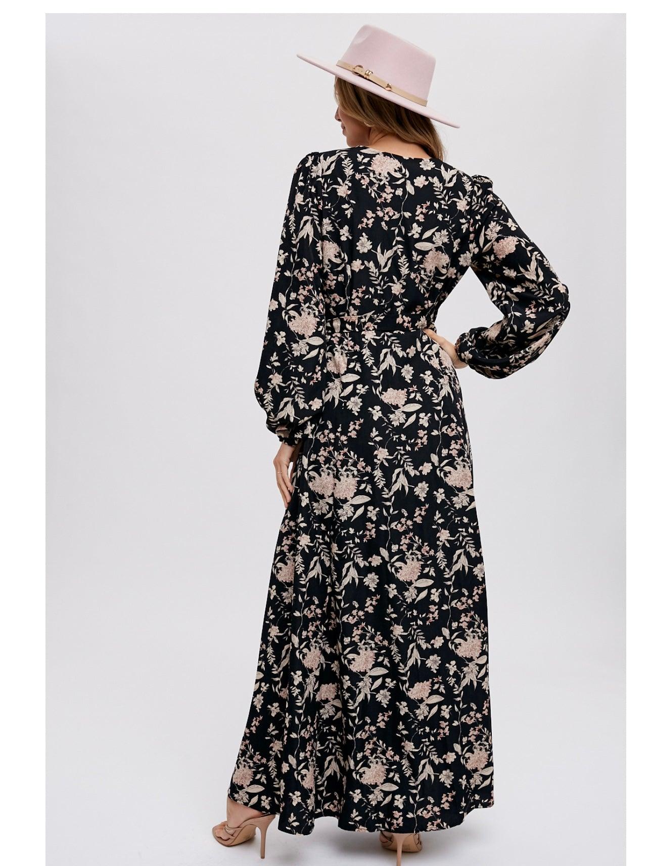 Floral Print Wrap Maxi Dress in Black