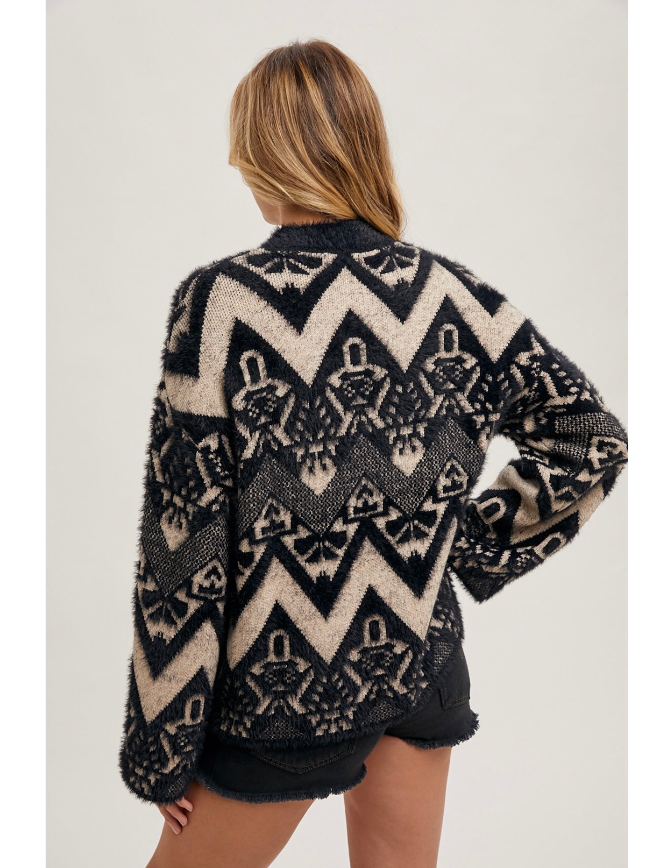 Aztec Mock Neck Knit Sweater in Black