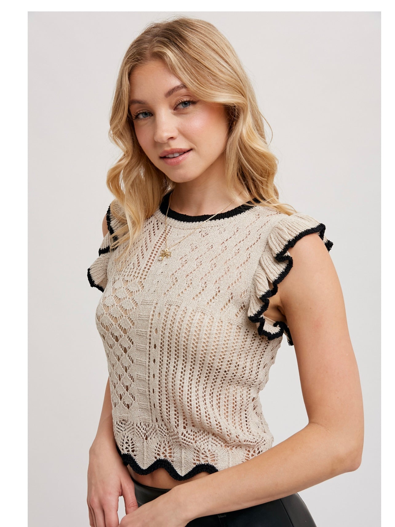 The Lori-Eyelet Contrast Knit Ruffled Scalloped Top in Oatmeal