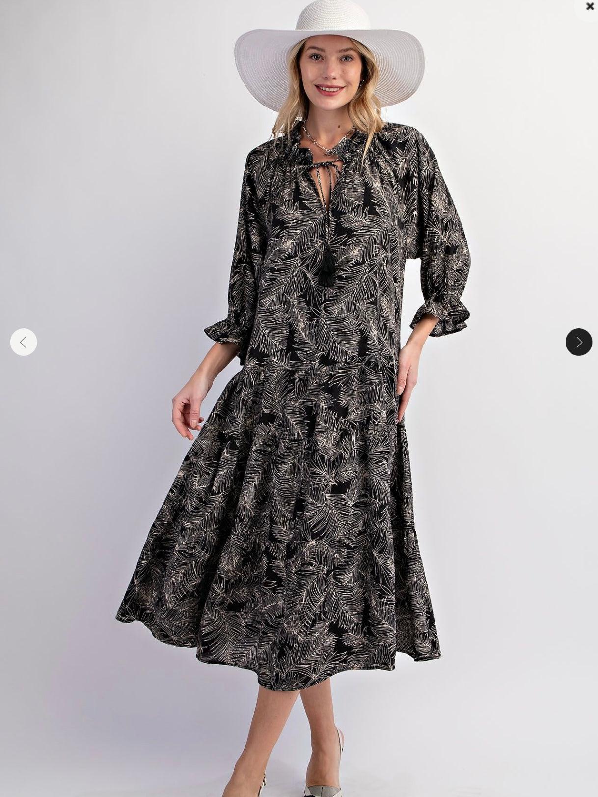 Leaf Print Cotton Poplin Ruffle Maxi Dress