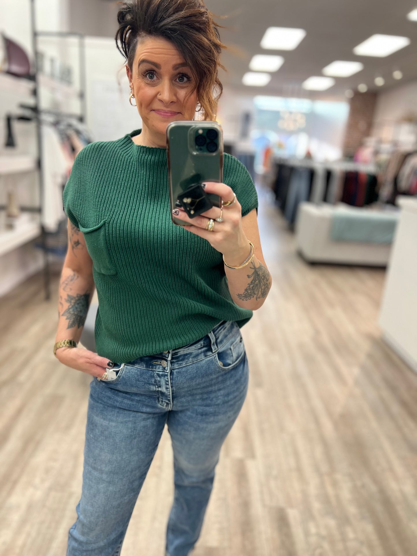 Mock Neck Short Sleeve Sweater in Dark Green