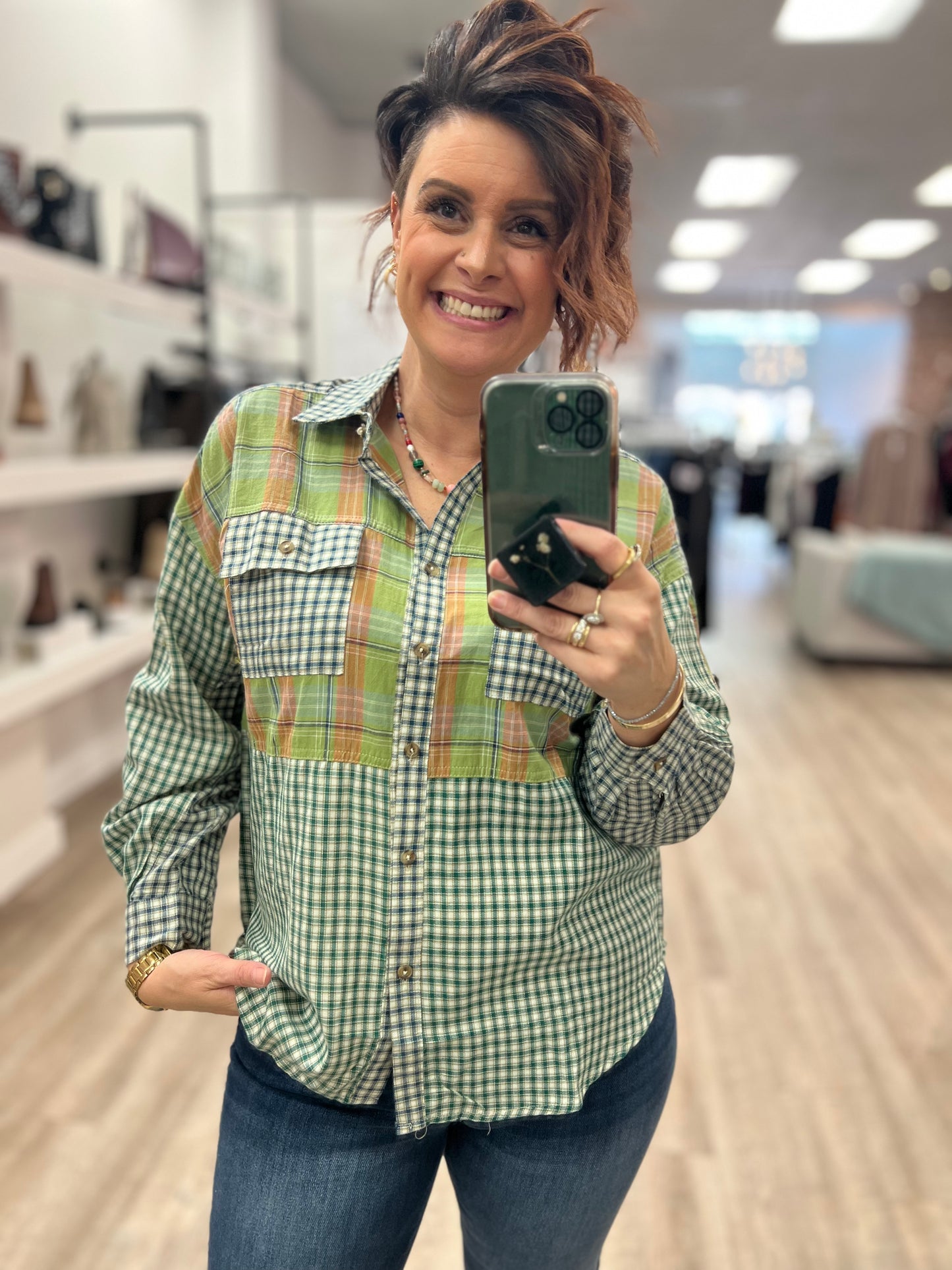 Mix N Match Plaid Printed Button Down Shirt in Teal Green