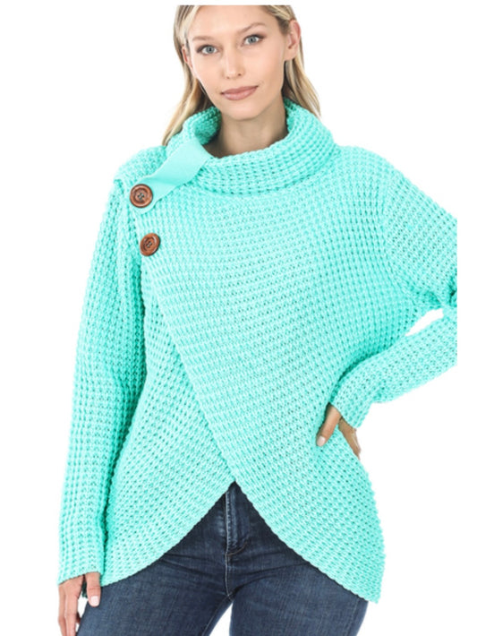 Asymmetrical Hem Sweater with Wood Buttons in Green Mint