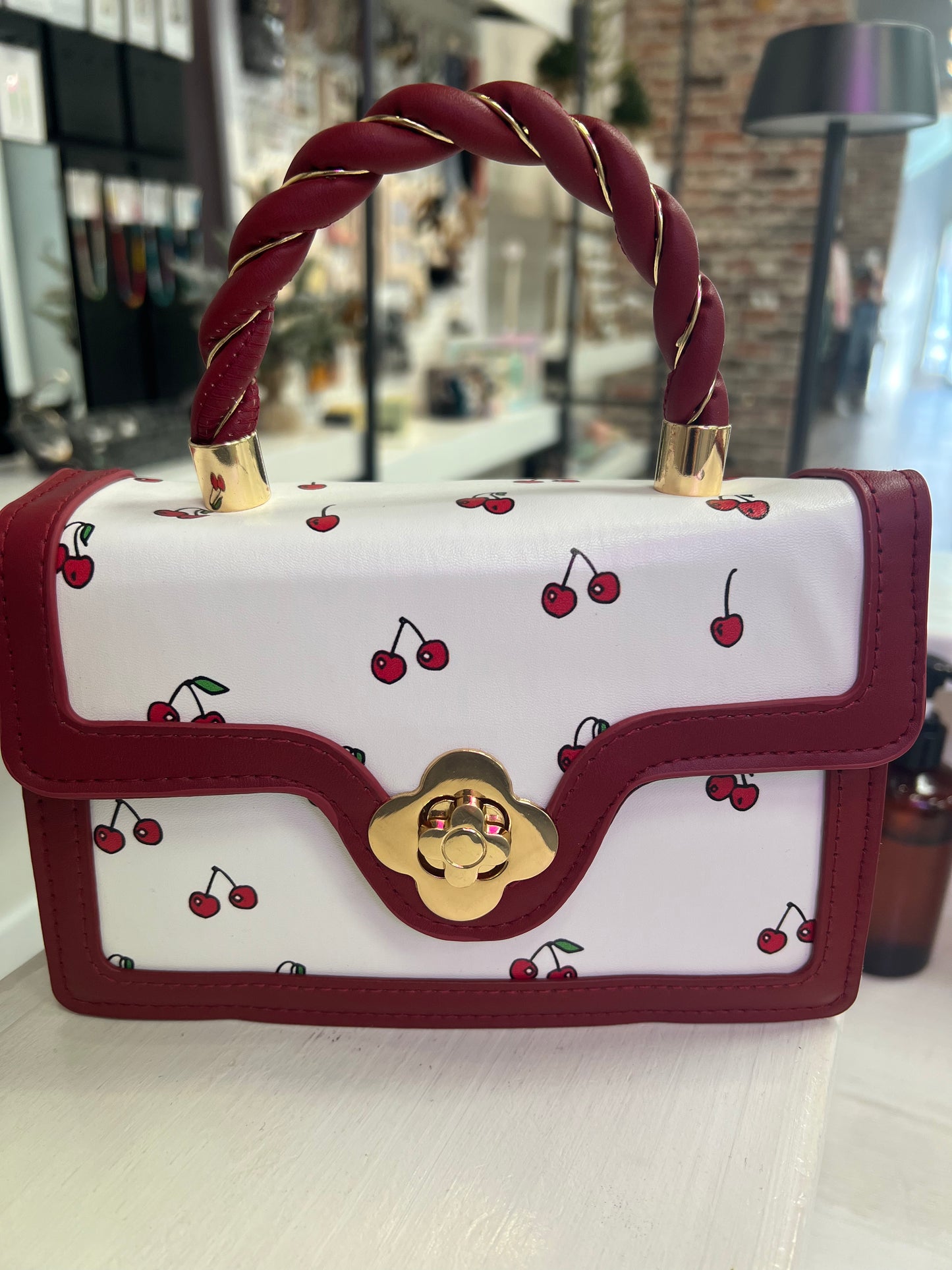 Cherry Pattern Vegan Leather Handbag Shoulder Purse in Red