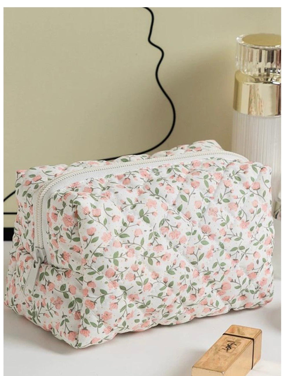 Quilted Floral Cosmetic Pouch Bag