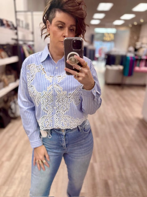 The Bluebell Lace Button-Up Shirt in Riviera