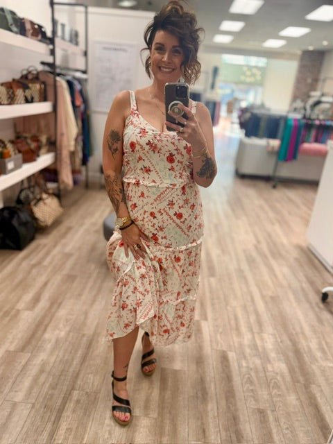 Rosewater Ruffle Midi Dress in Red