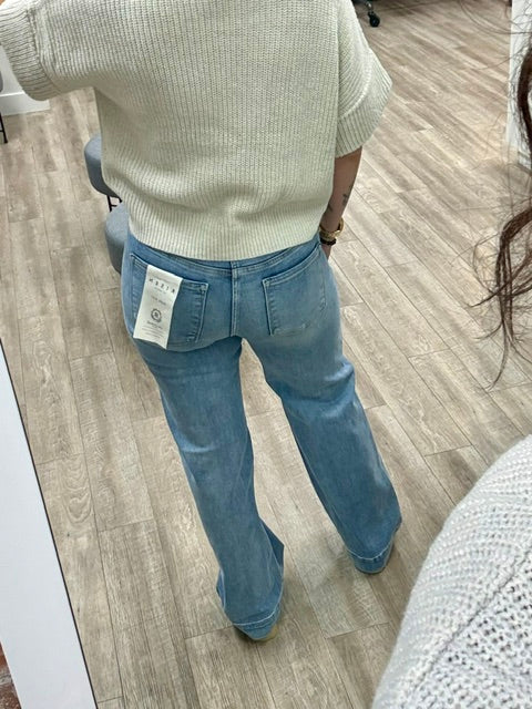 Risen Tummy Control High Rise Wide Leg Bow Waistband Jeans in Light Colour