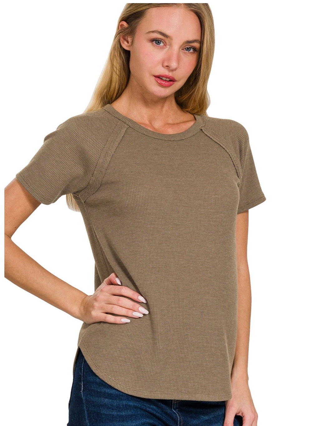 The One The Only Waffle Shirts in Forest Green, Light Plum, and Mocha