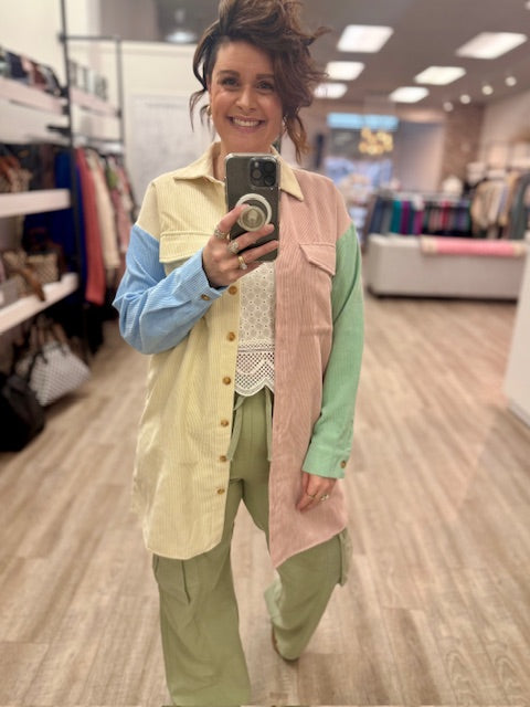 The Pastel Patchwork Shacket in Blush, Ivory, Sage and Blue