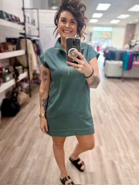 Textured Quarter Zipper Dress in Ash Jade
