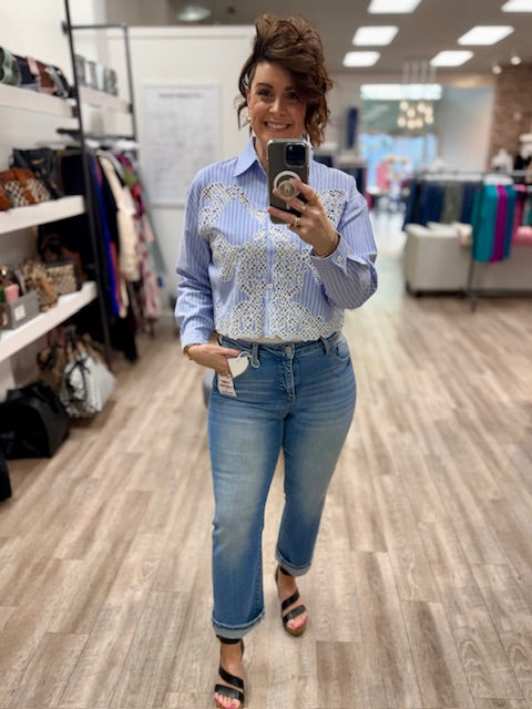 The Bluebell Lace Button-Up Shirt in Riviera