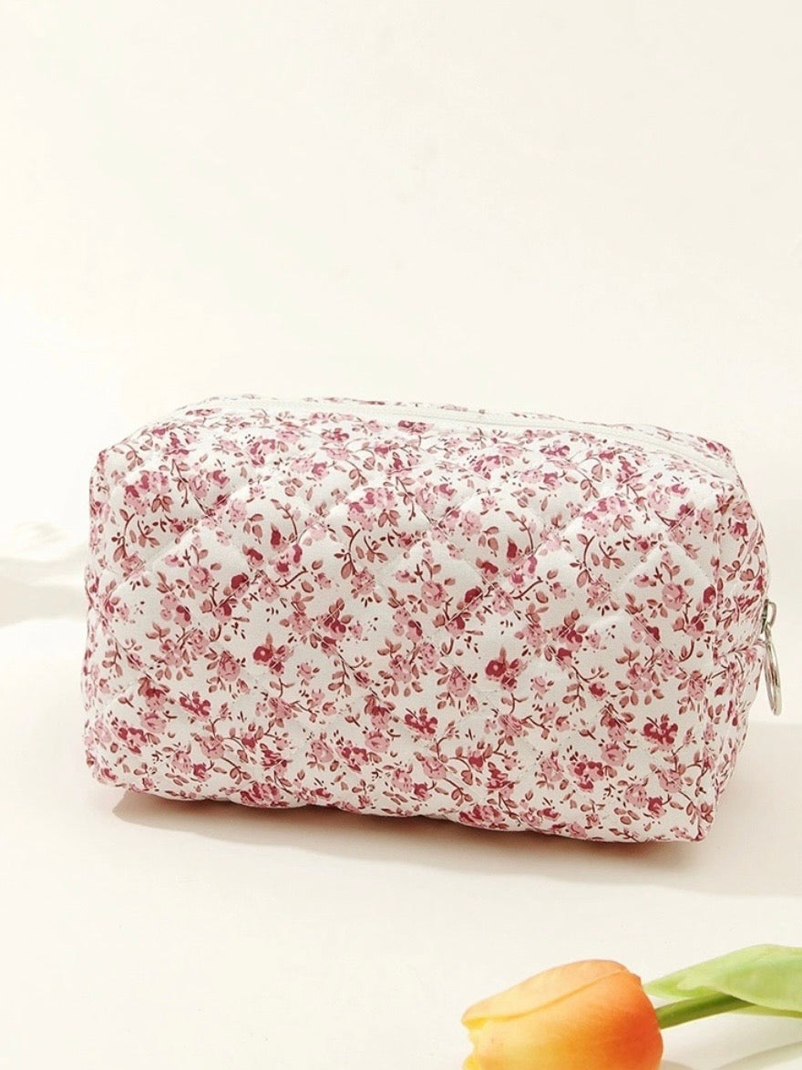 Quilted Floral Cosmetic Pouch Bag