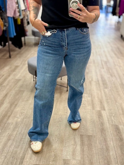 Tummy Control Elastic Band High Rise Wide Leg Jeans in Medium
