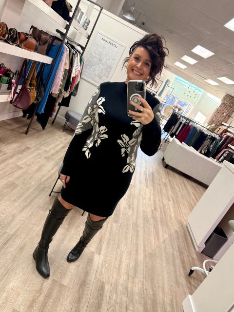 Shadow Blossom Sweater Dress in Black