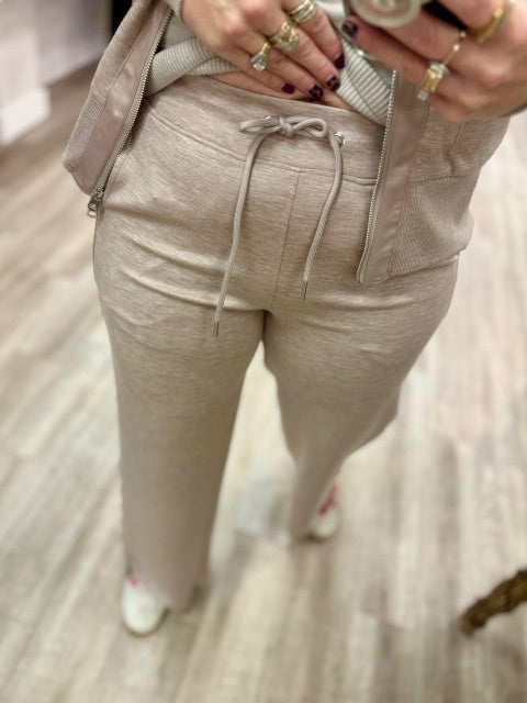 Erika Soft Knit With Satin Trim Drawstring Pants in Taupe Mel