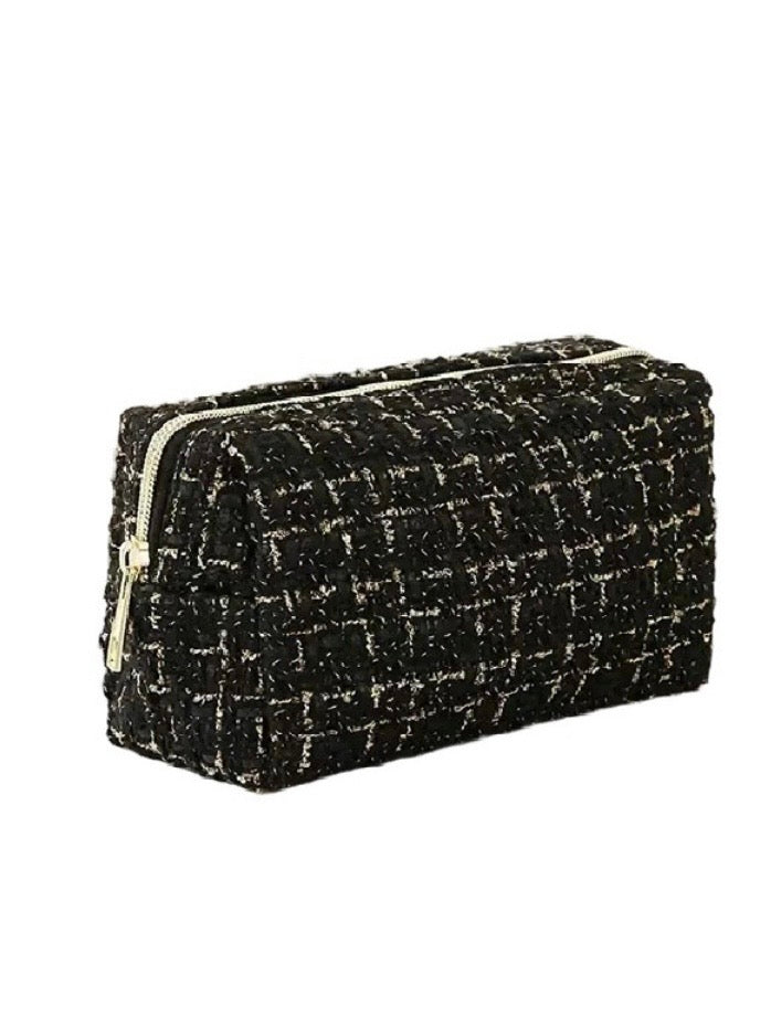 Gold/Black and Gold/Ivory Checkered Pattern Woven Cosmetic Bags
