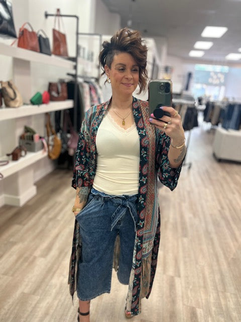 Paisley Floral Belted Maxi Kimono in Teal/Navy