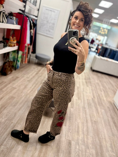 Wild Rose Leopard Barrel Jeans