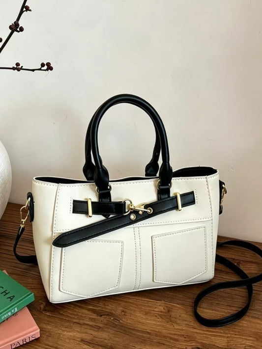Denim Patch Pocket Tote Bag in Ivory, Black and Brown