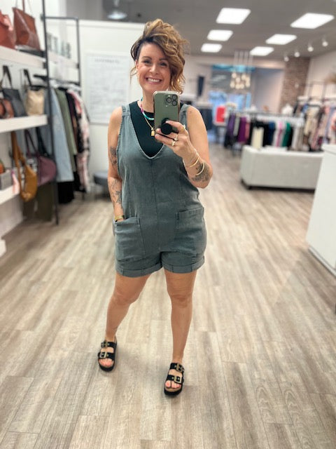 Washed Adjustable Strap Romper with Pockets in Ash Black