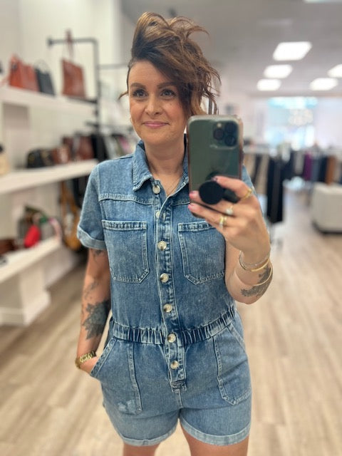Washed Denim Short Sleeve Romper in Medium Wash