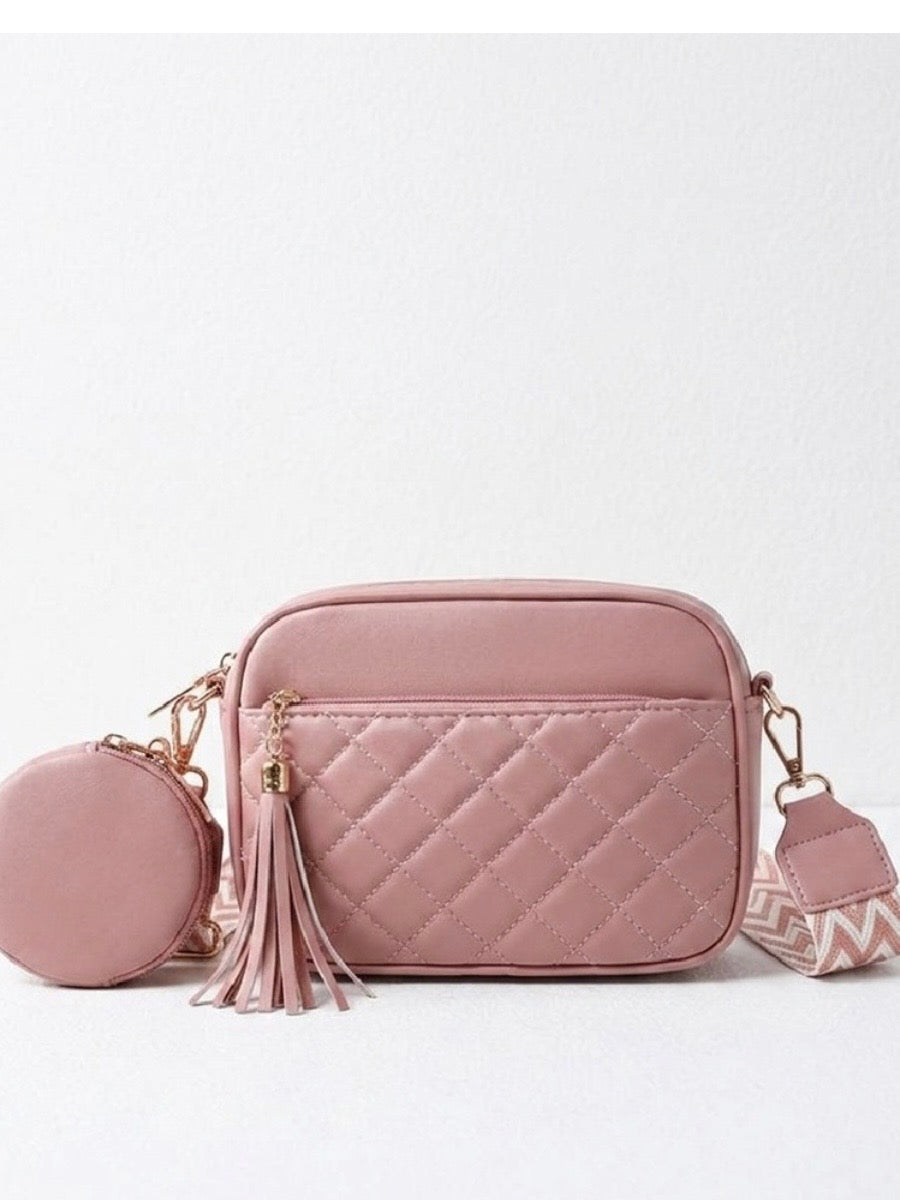 Diamond Quilted Crossbody Coin Purse in Black, Light Rose and Red