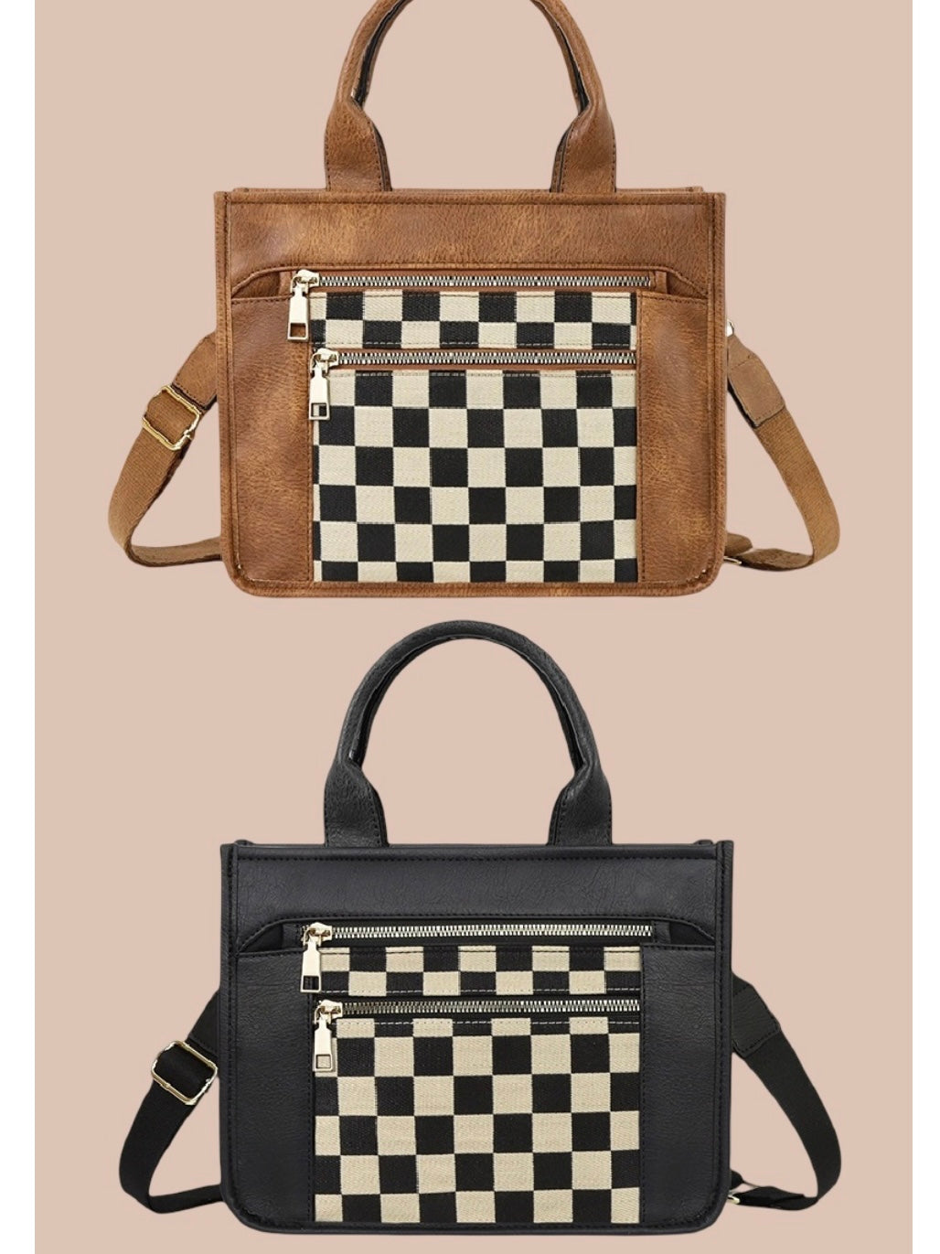 Checkered Tote Bag in Black and Camel