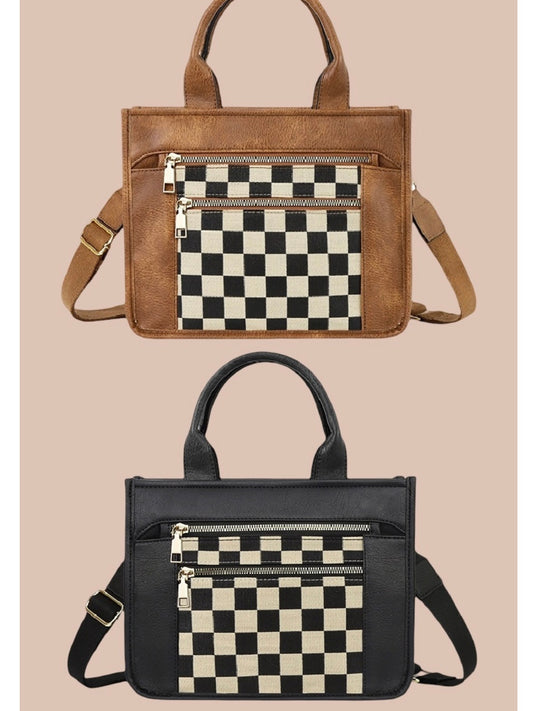 Checkered Tote Bag in Black and Camel