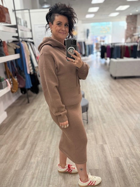 Knit Hoodie Top and Pencil Skirt Set in Mocha