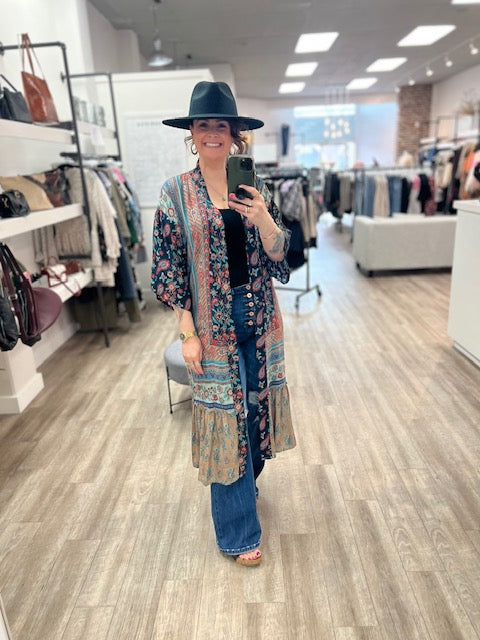 Paisley Floral Belted Maxi Kimono in Teal/Navy