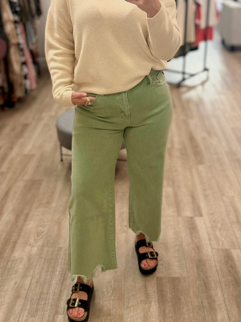 Savie Cropped Wide Leg Jeans in Olive