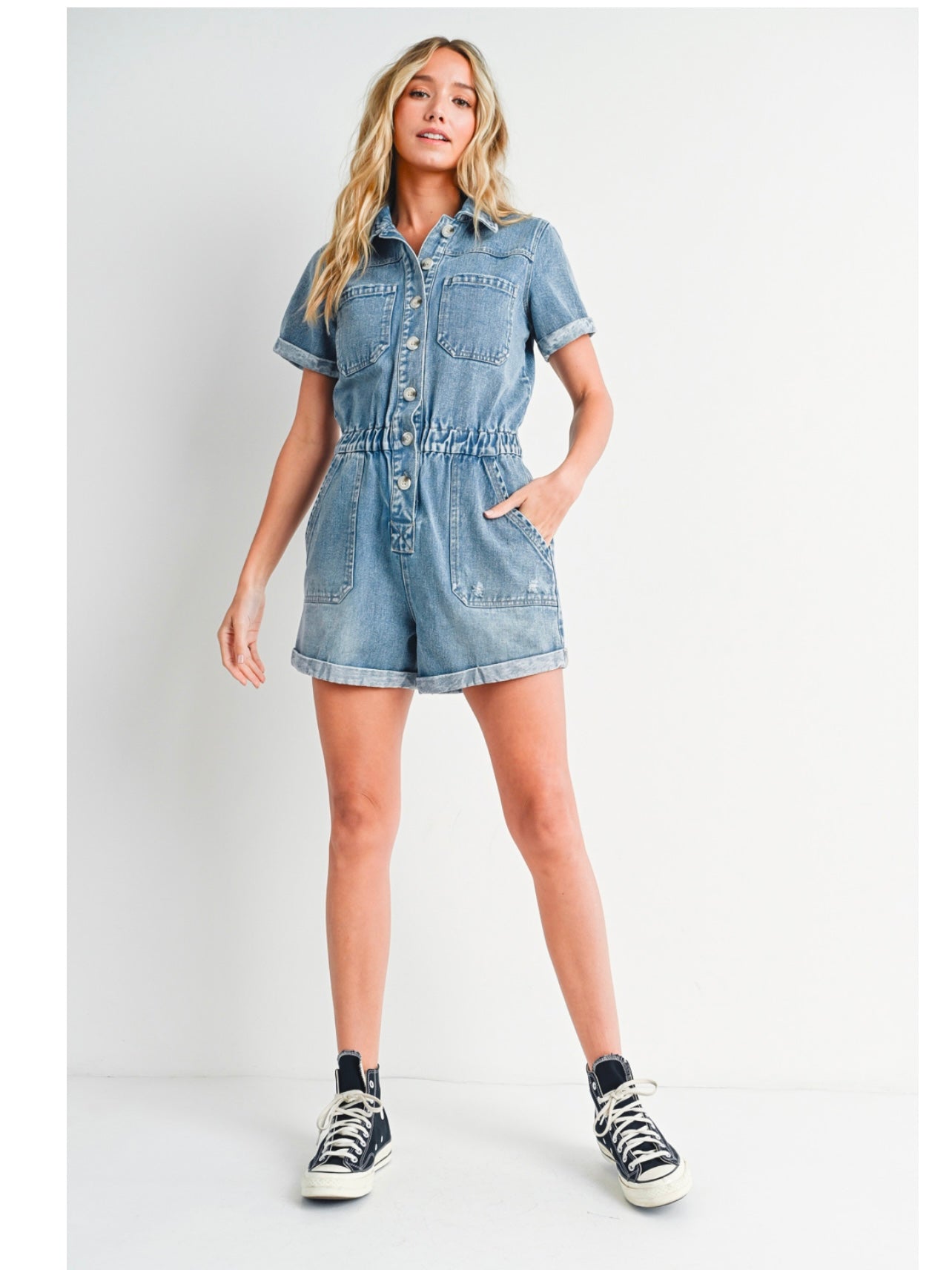 Washed Denim Short Sleeve Romper in Medium Wash