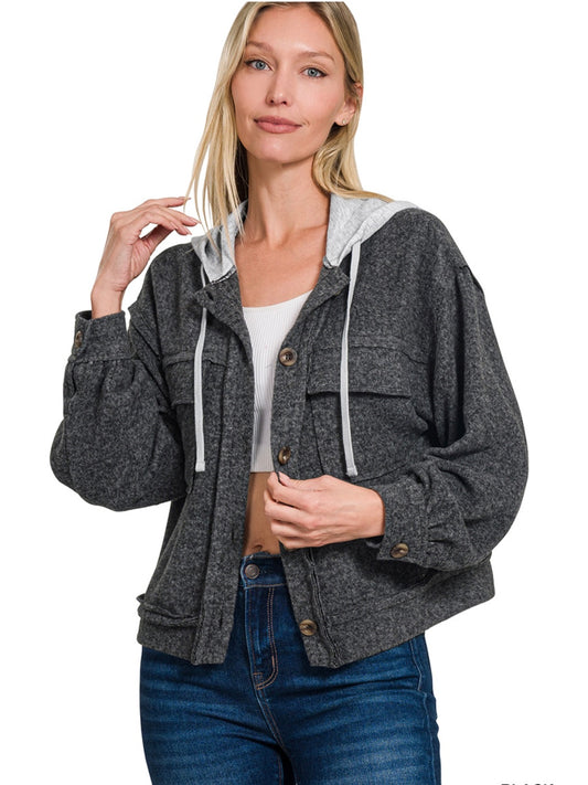 Brushed Hacci Hooded Button Down Shacket in Black