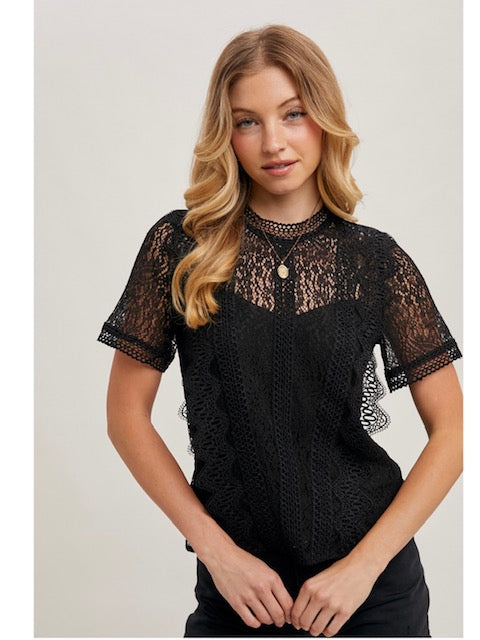 Mock Neck Button Back Lace Top with Lining in Black