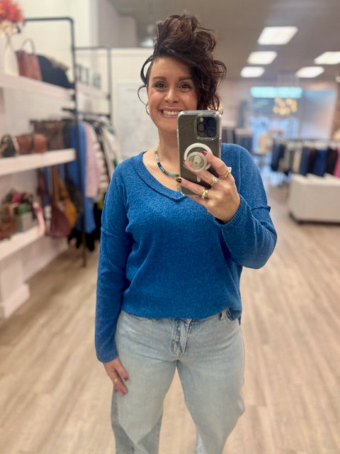 Ribbed Drop Shoulder Top in Light Navy