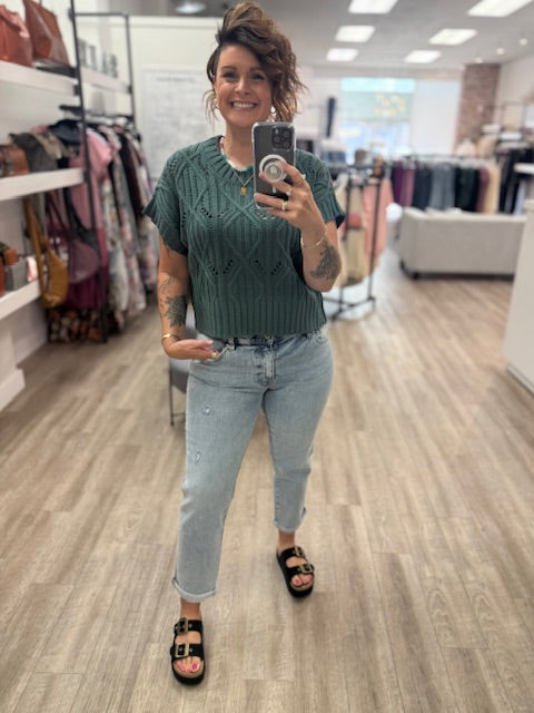 Cable Knit Short Sleeve Sweater in Ash Jade