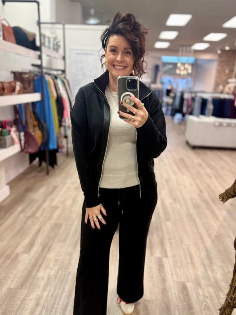 Saruna Soft Knit With Satin Trim Mock Neck Jacket in Black