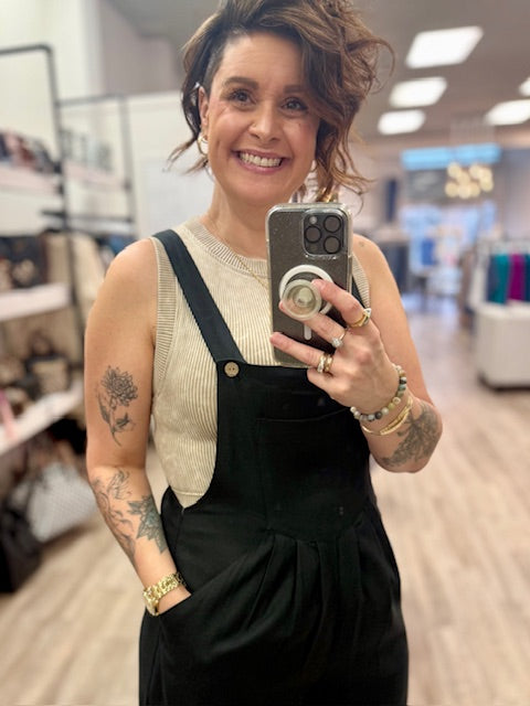 Linen Wide Leg Overalls in Black