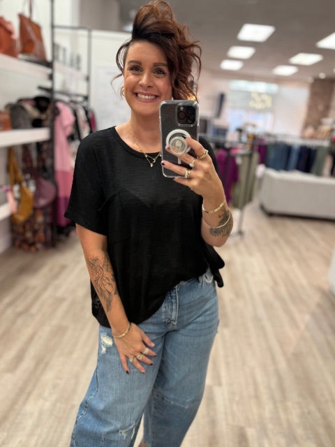 Oversized Slub Hacci Top With Pocket in Black