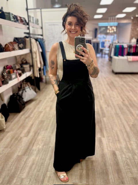 Linen Wide Leg Overalls in Black