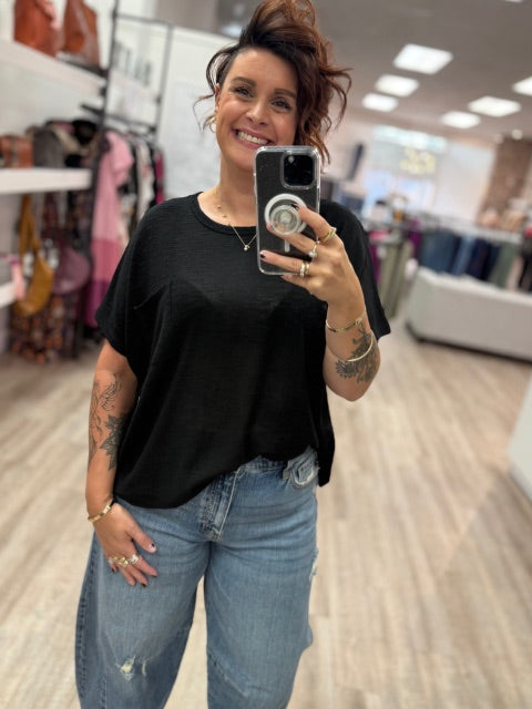 Oversized Slub Hacci Top With Pocket in Black