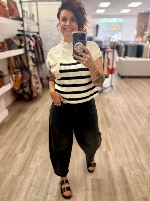 Short Sleeve Stripe Sweater in Ivory