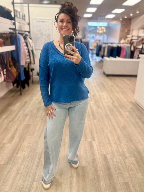 Ribbed Drop Shoulder Top in Light Navy