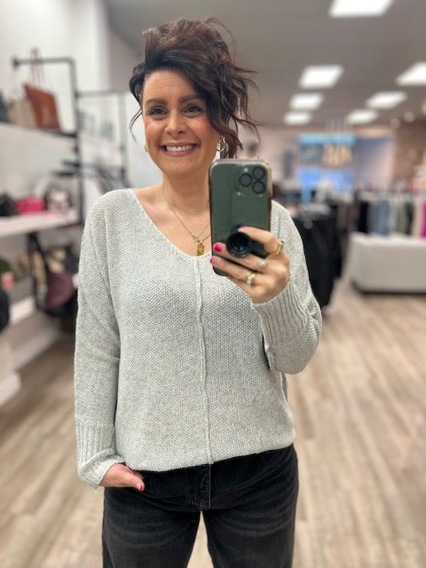 V-Neck High Low Sweater in Heather Grey