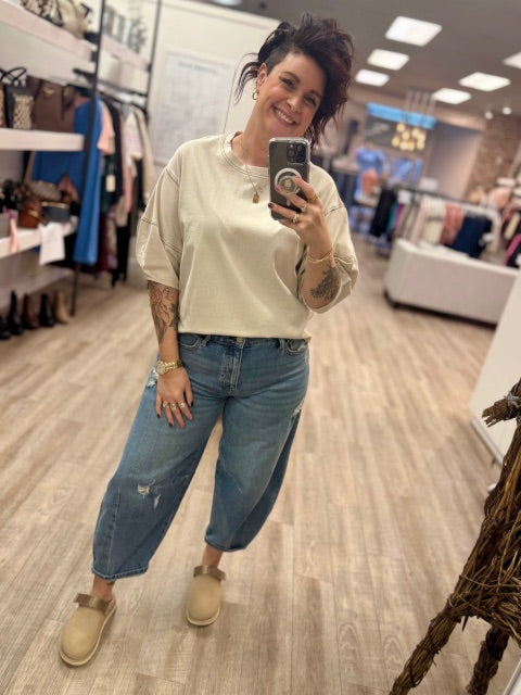 3/4 Balloon Sleeve Top in Sand Beige