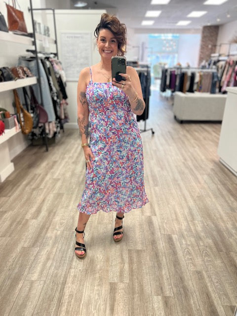 Spaghetti Strap Gathered Bust Midi Dress in Light Blue/Plum