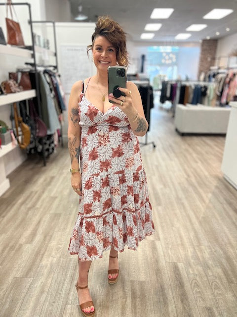 Printed Cotton Voile Ruffle Bottom Dress in Cappuccino